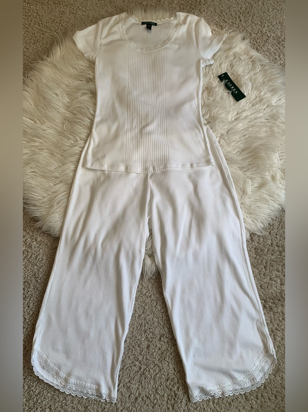 NWT Lauren Ralph Lauren Olivia Knits Ribbed Lace Pajama Set White Size S/M
